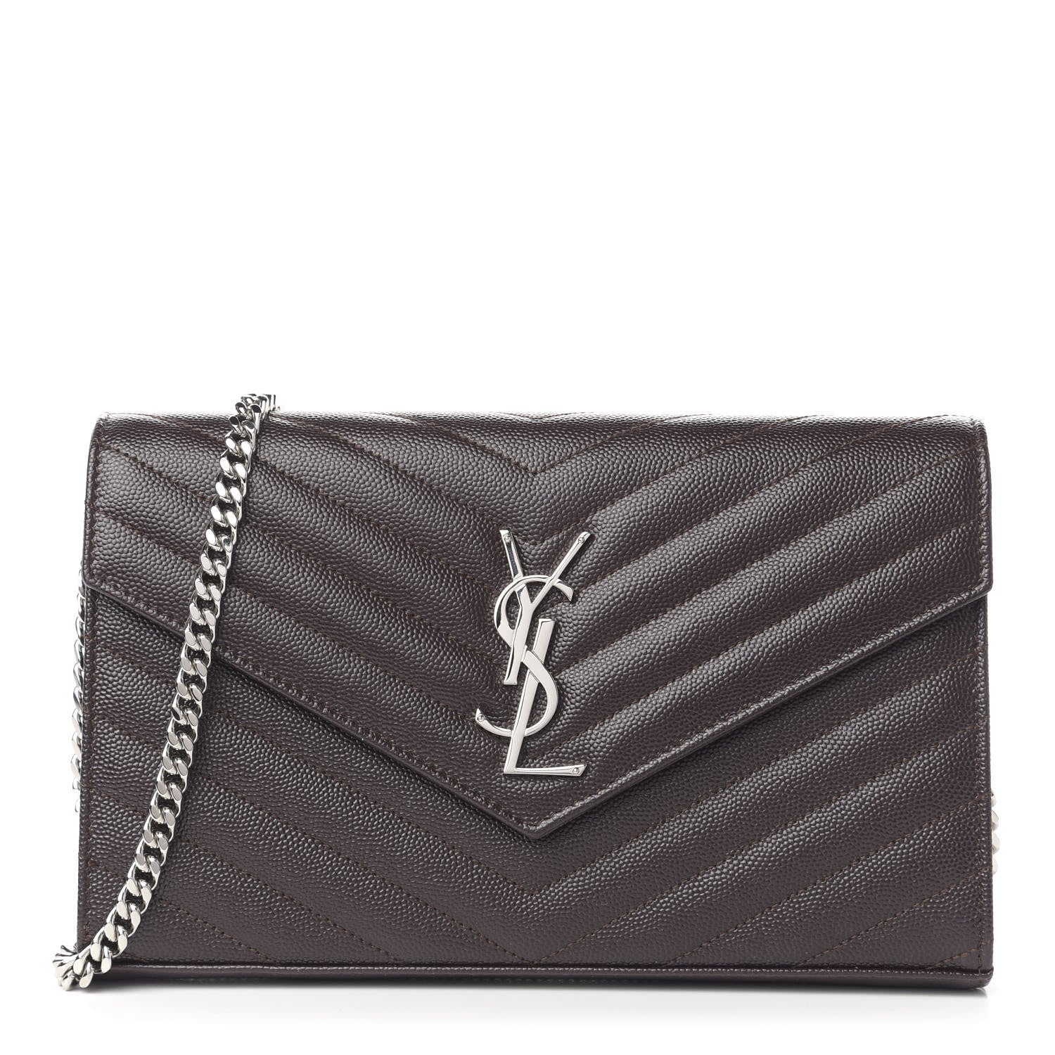 Saint Laurent Grain De Poudre Matelasse Chevron Monogram Chain Wallet Dark Brown 1 of 10