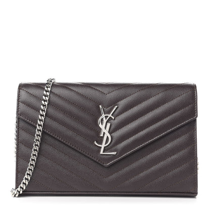 Saint Laurent Grain De Poudre Matelasse Chevron Monogram Chain Wallet Dark Brown 1 of 10