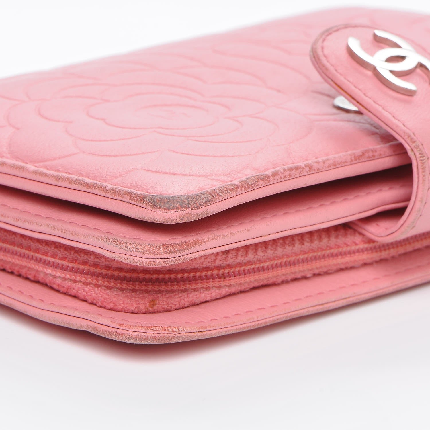 Chanel Lambskin Camellia Embossed L-Zip Pocket Wallet Pink 7 of 13