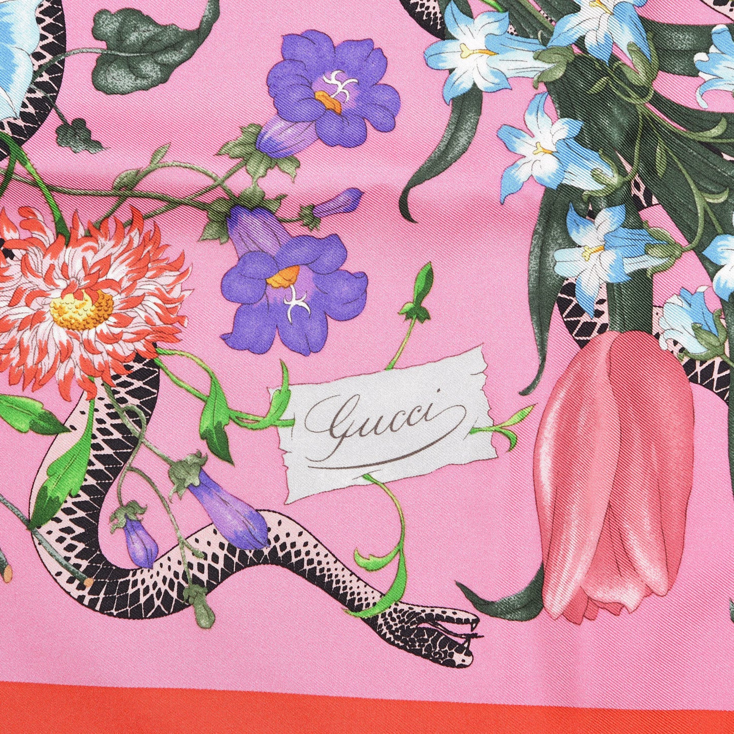 Silk Twill Flora Snake Square Scarf Rose