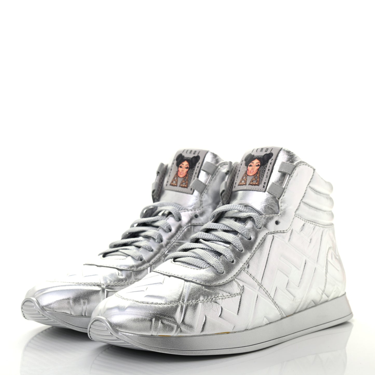 X NICKI MINAJ Metallic Nappa Macro FF Embossed Prints On High Top Sneakers 39 Silver