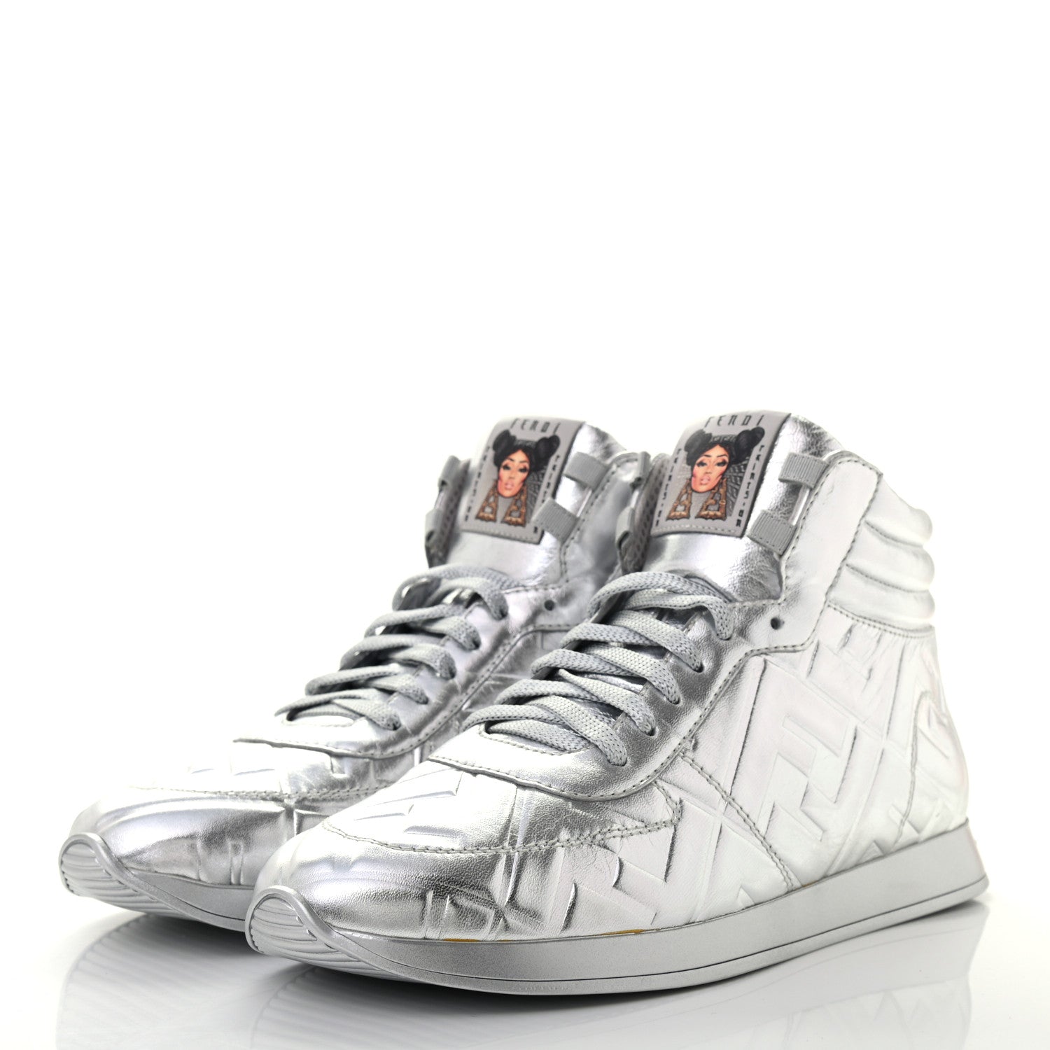 Fendi X NICKI MINAJ Metallic Nappa Macro FF Embossed Prints On High Top Sneakers 39 Silver 3 of 8