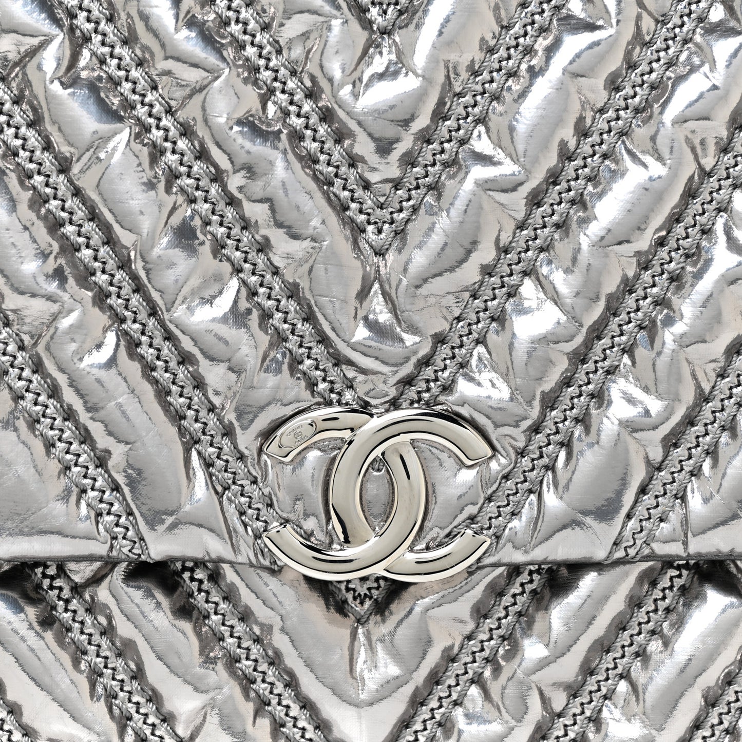 Metallic Lame Chevron Quilted Space Suit Flap Dark Grey