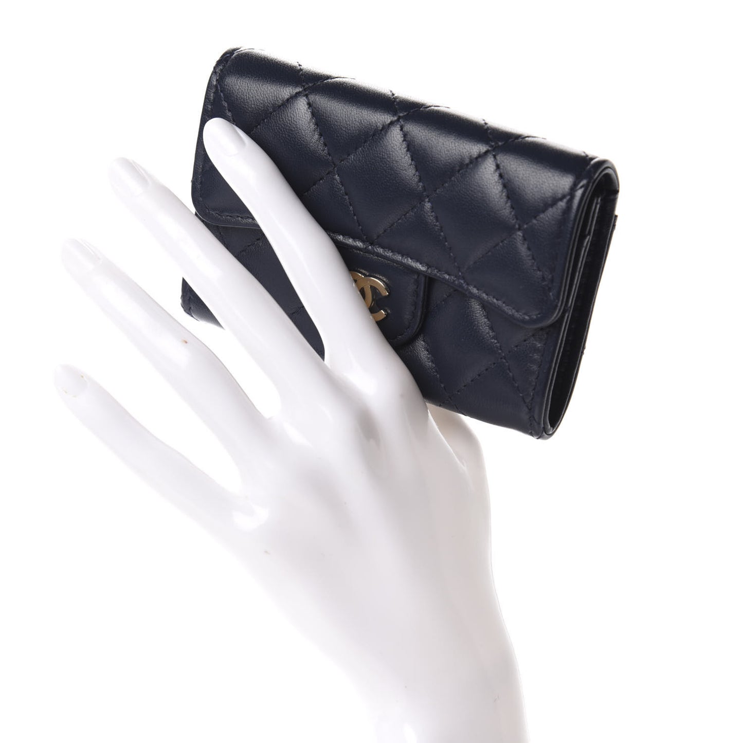 Lambskin Quilted Flap Card Holder Wallet Navy