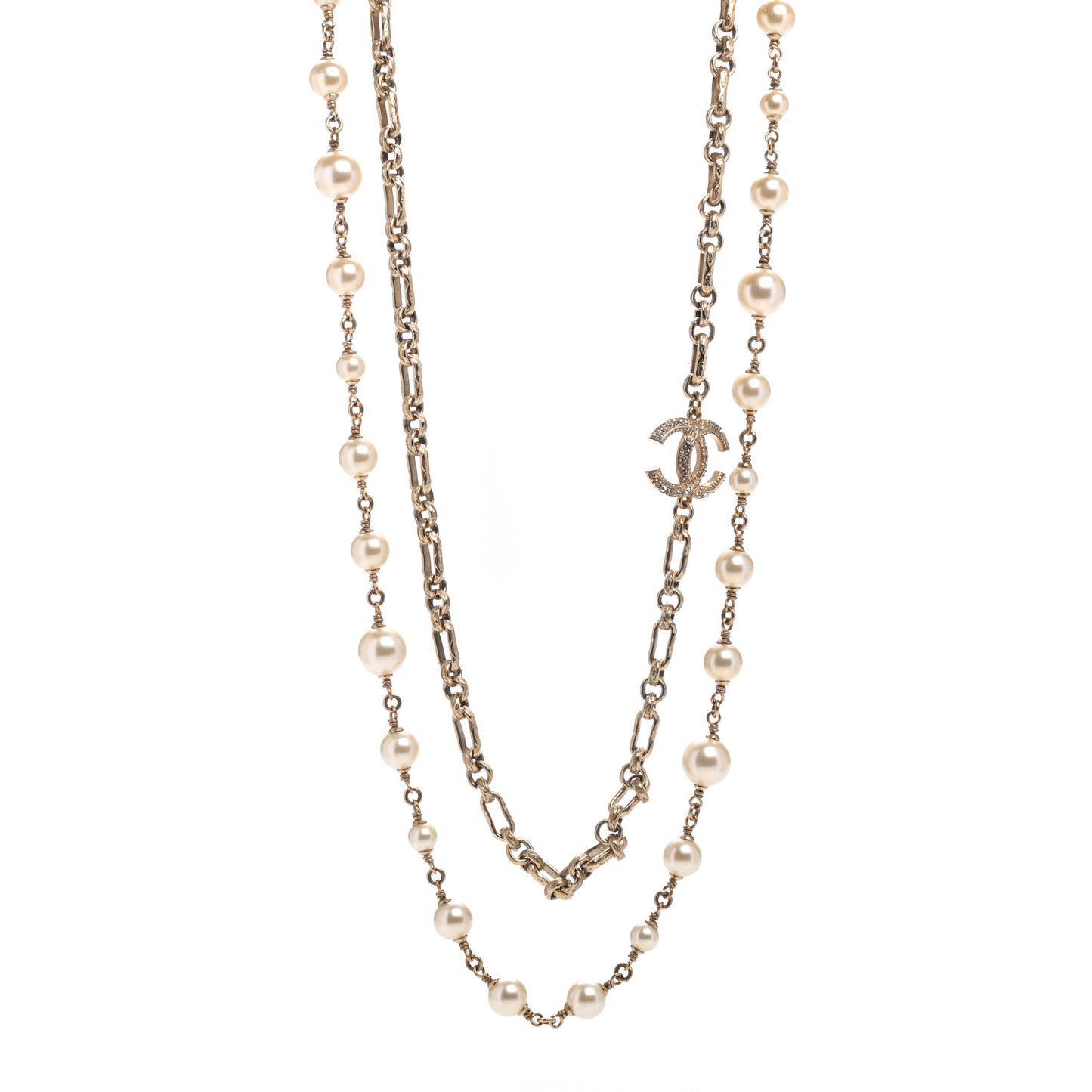 Graduated Pearl Crystal CC Long Necklace Gold