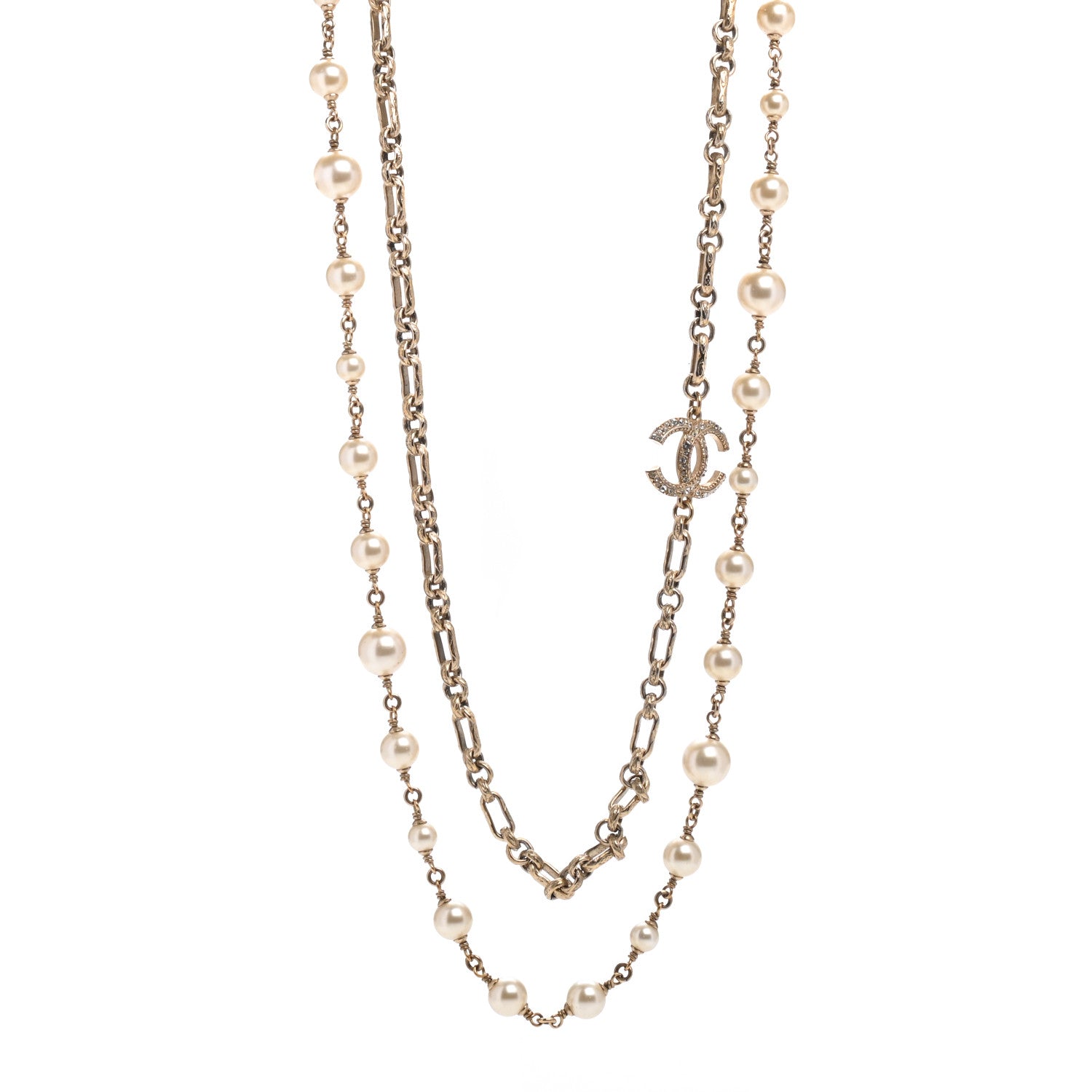 Chanel Graduated Pearl Crystal CC Long Necklace Gold 1 of 9