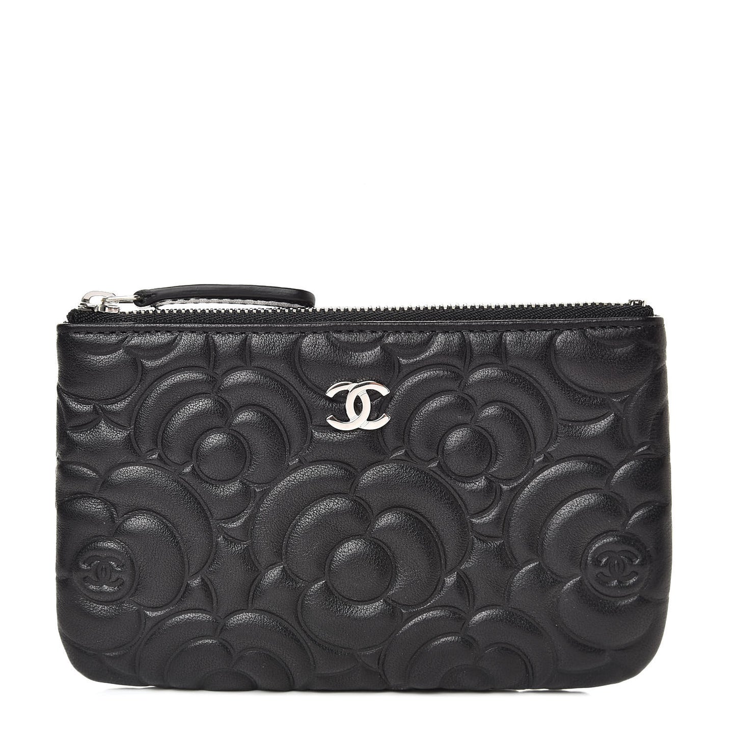 Goatskin Camellia Embossed Cosmetic Pouch Black