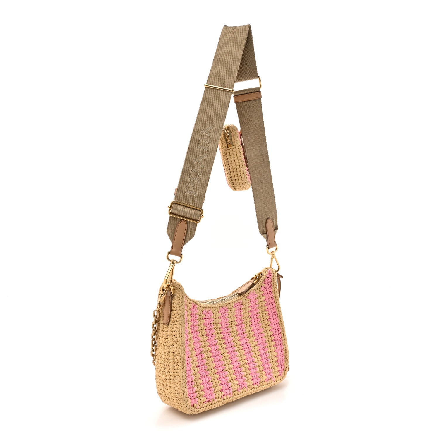 Prada Yarn Raffia Effect Crochet Striped Re-Edition 2005 Shoulder Bag Naturale Petalo 3 of 12