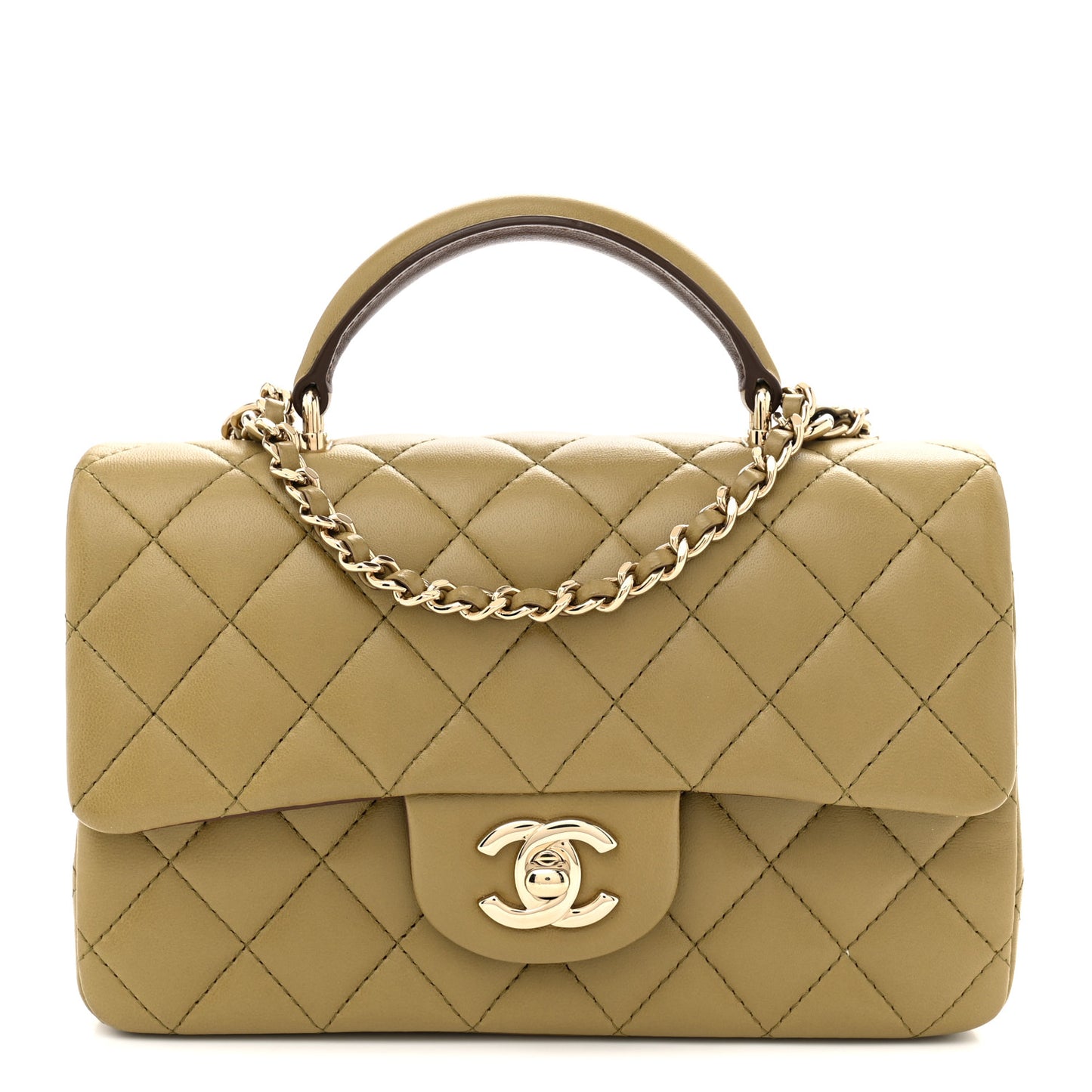 Lambskin Quilted Bi-Color Mini Top Handle Rectangular Flap Green Brown