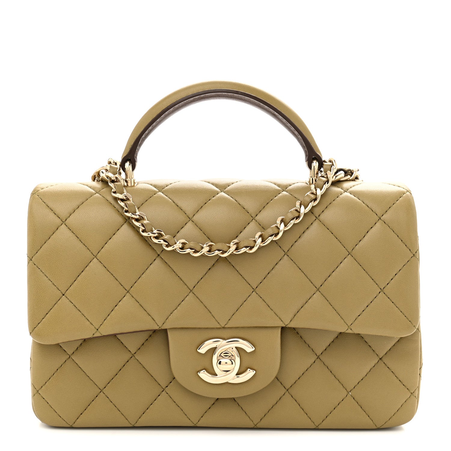 Chanel Lambskin Quilted Bi-Color Mini Top Handle Rectangular Flap Green Brown 1 of 11