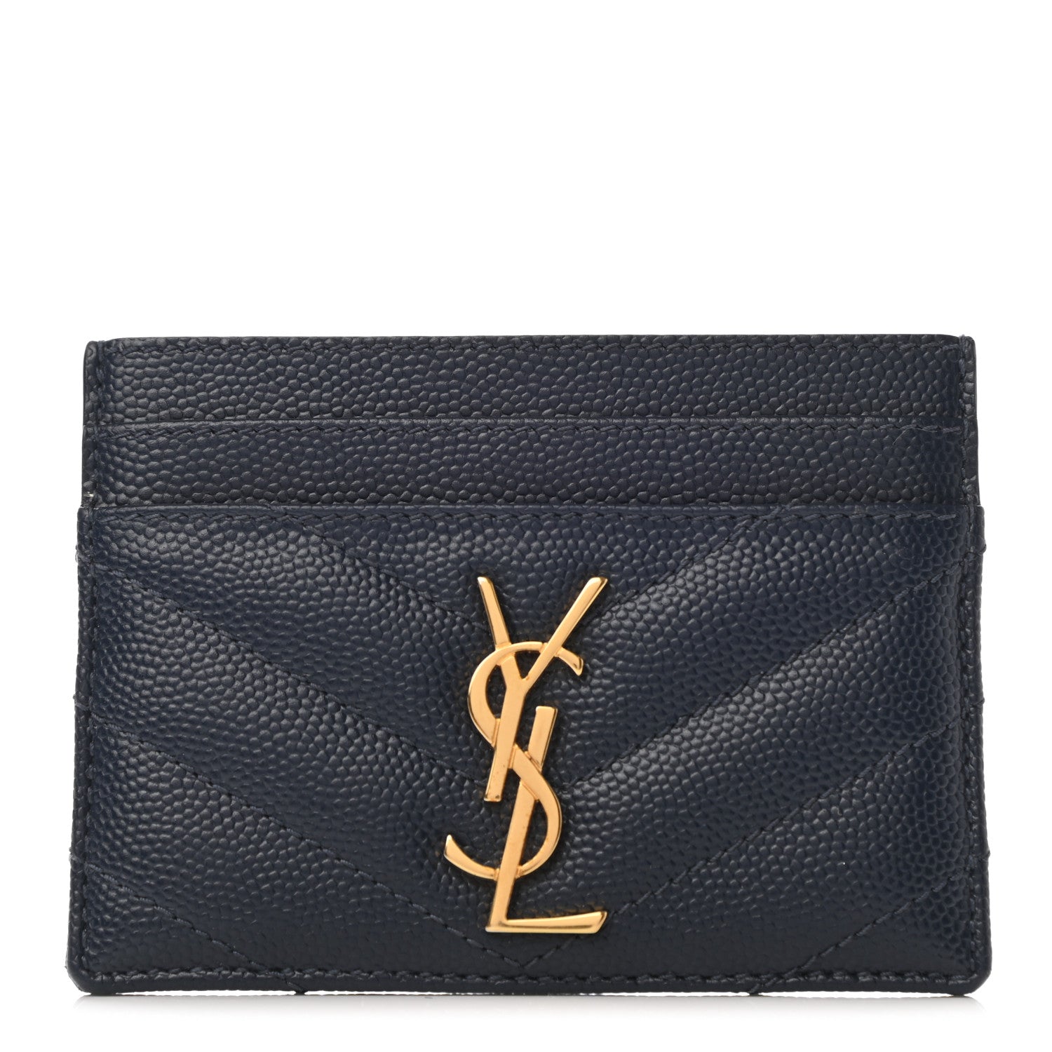 Saint Laurent Grain De Poudre Matelasse Chevron Monogram Credit Card Case Navy 1 of 7