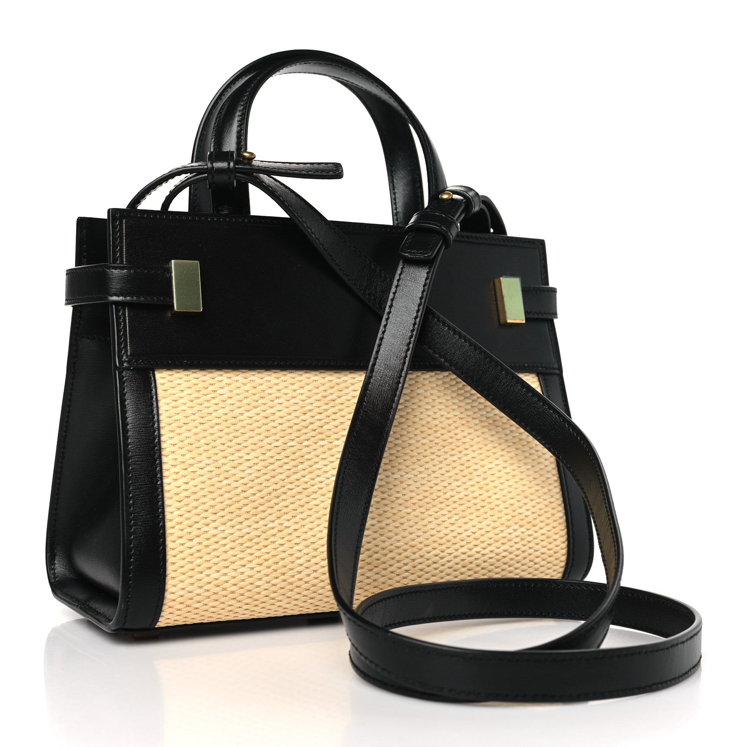 Saint Laurent Calfskin Raffia Manhattan Nano Shopper Tote Naturale Black 3 of 8