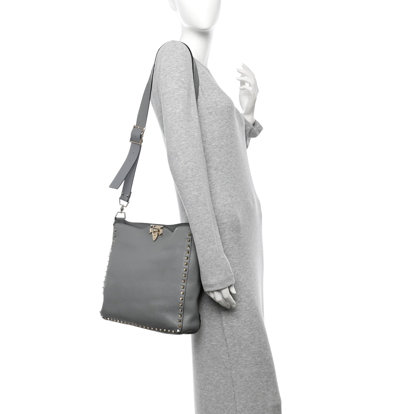 Pebbled Calfskin Small Rockstud Flip-Lock Messenger Bag Light Stone