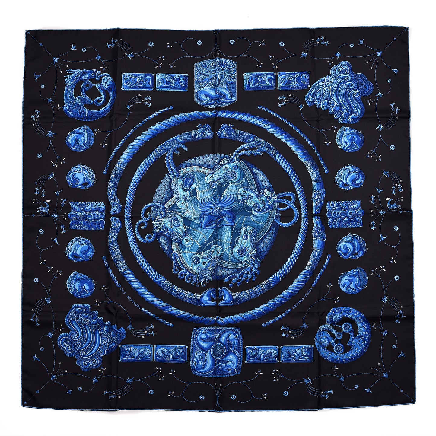 Silk Ors Nomades Scarf 90 Black Bleu Dur Turquoise