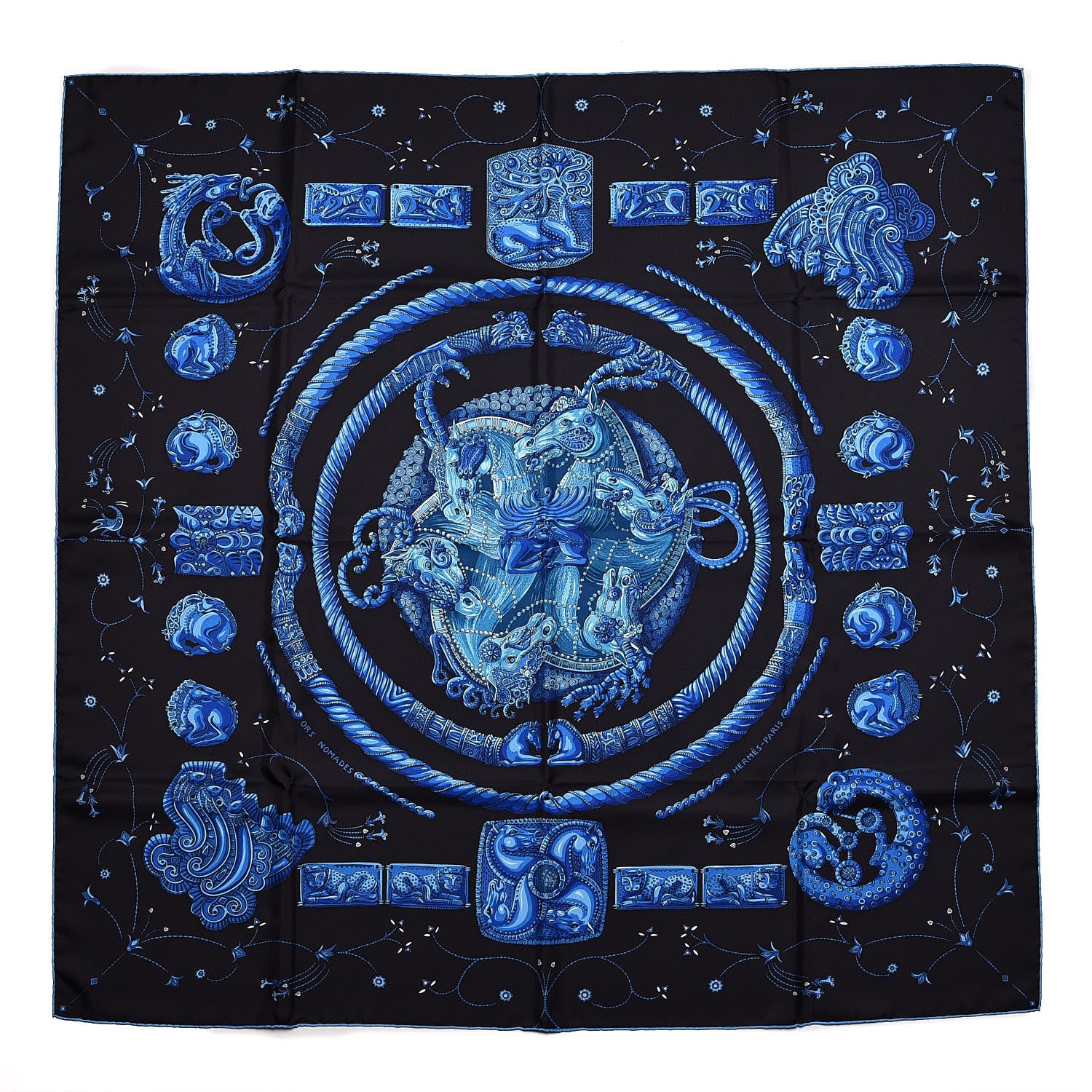 Hermes Silk Ors Nomades Scarf 90 Black Bleu Dur Turquoise 1 of 6