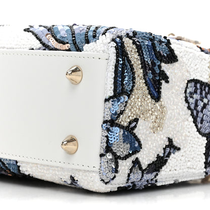 Christian Dior Calfskin Toile De Jouy Beaded Sequin Embroidered Small Mexico Lady Dior White Pastel Midnight Blue 8 of 9