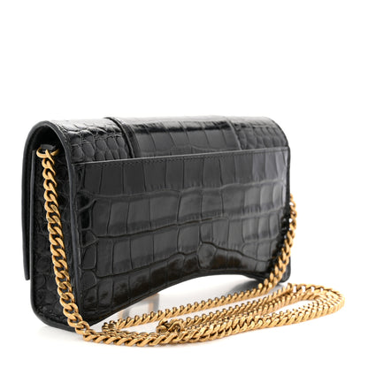 Balenciaga Shiny Calfskin Crocodile Embossed Hourglass Chain Bag  Black 3 of 10