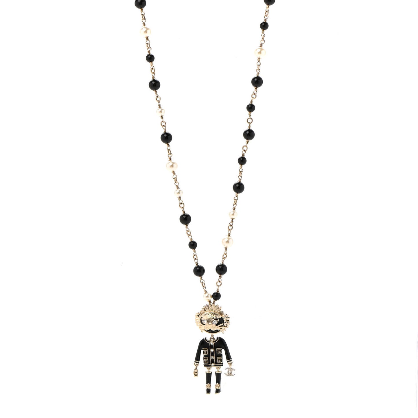 Gripoix Poured Glass Crystal Bead Pearl CC Lion Pendant Necklace Black Gold