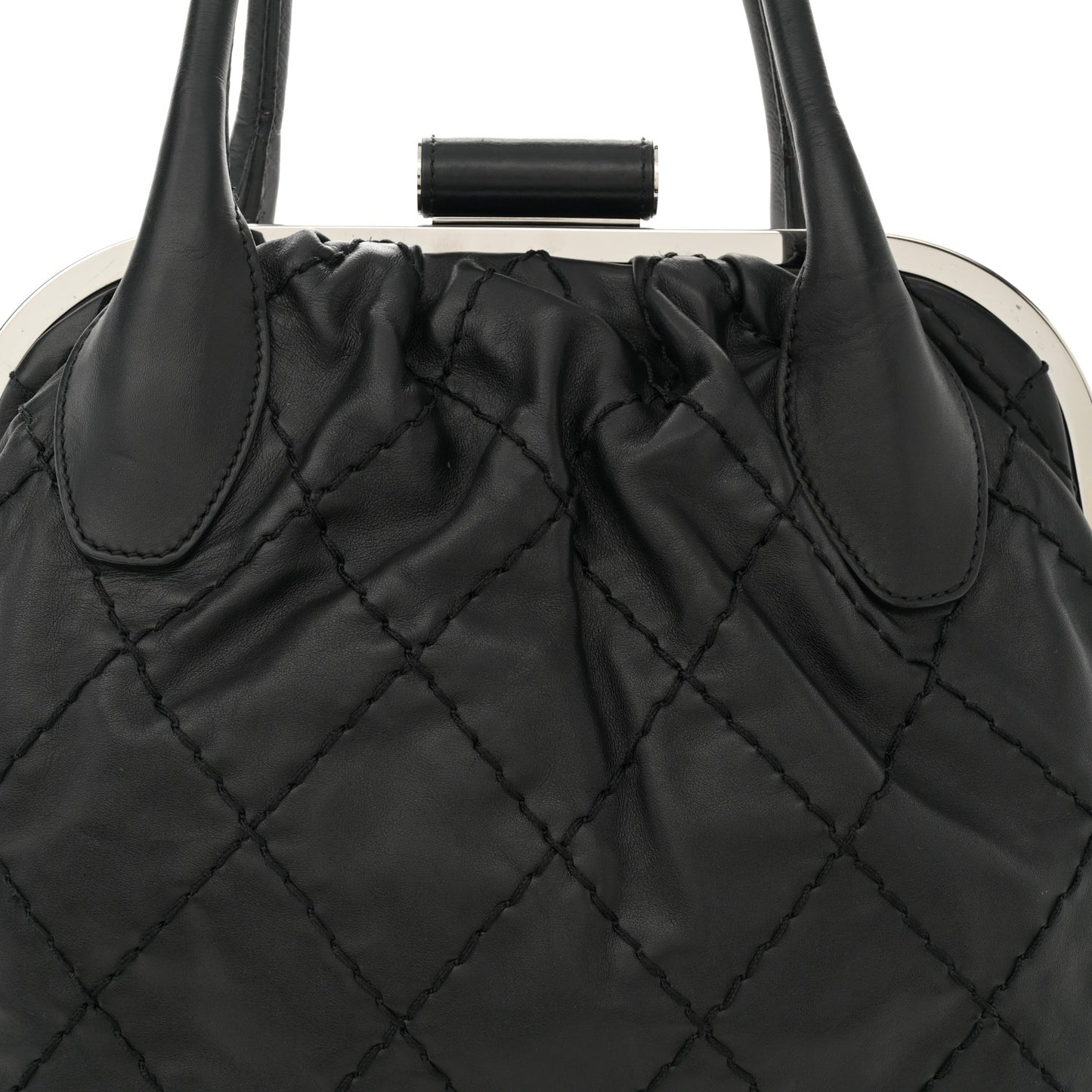 Calfskin Stitched Expandable Frame Bag Black