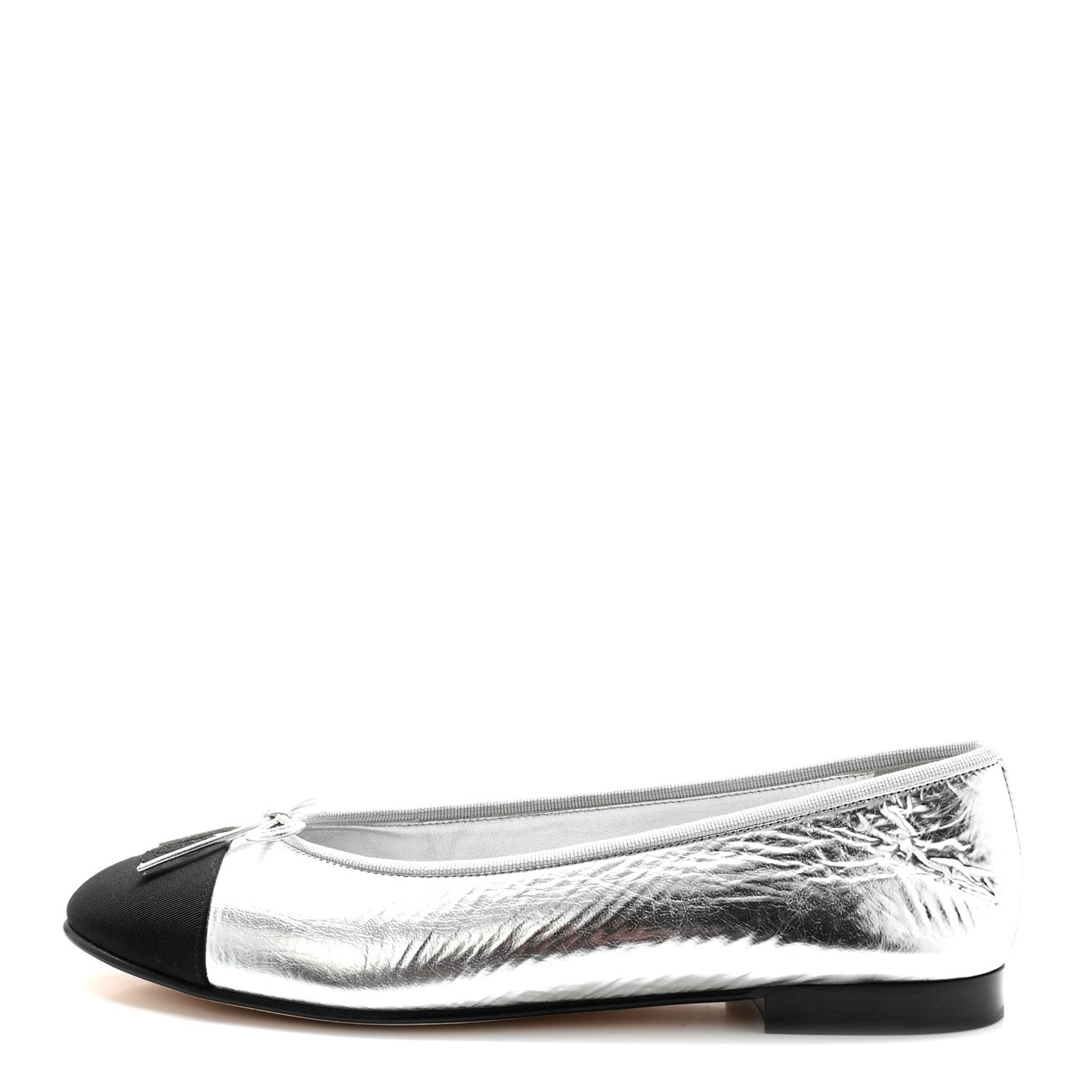 Laminated Crumpled Lambskin Grosgrain Cap Toe CC Ballerina Flats 40 Silver Black