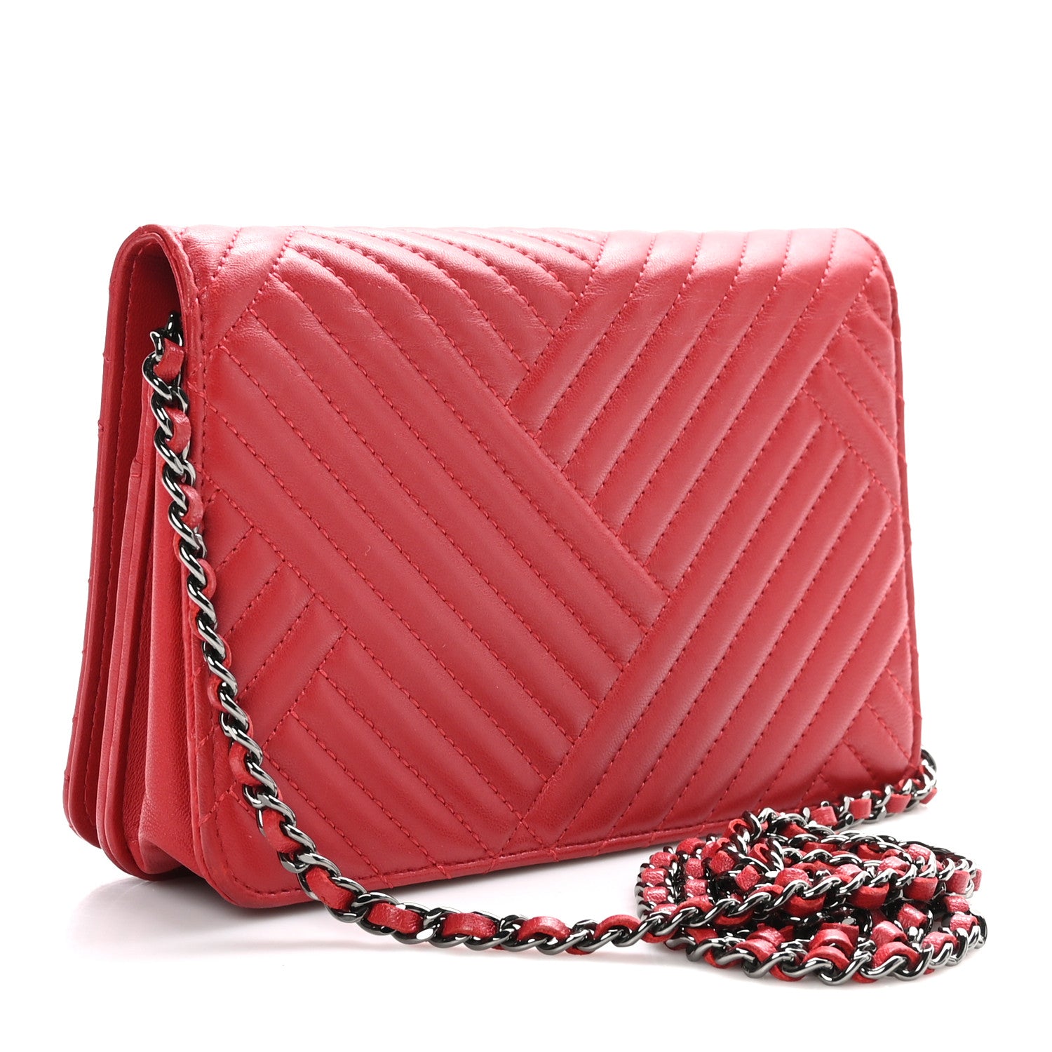 Chanel Lambskin Quilted CC Crossing Wallet On Chain WOC Red 3 of 12