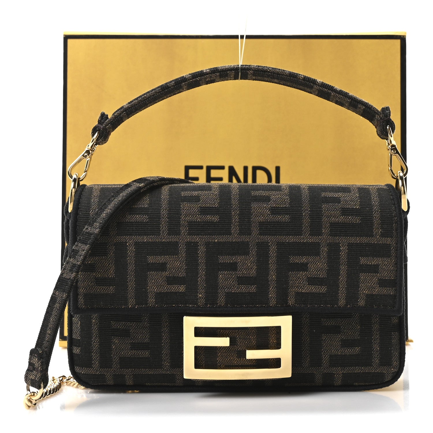 Fendi Fabric Jacquard FF 1974 Mini Baguette Tobacco Moro Black