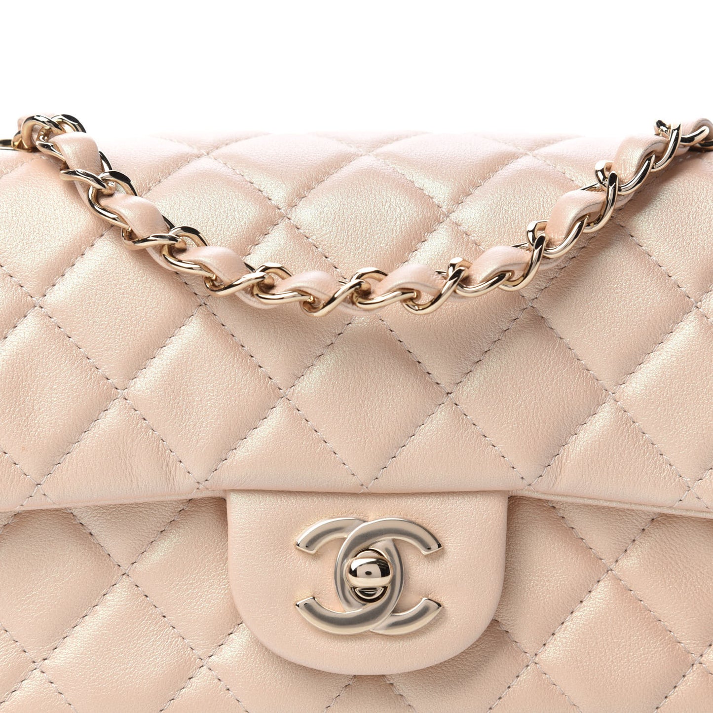 Iridescent Calfskin Quilted Mini Rectangular Flap Beige