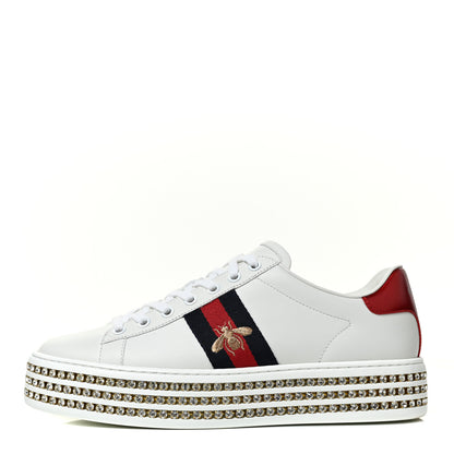 Gucci Calfskin Crystal Web Bee Embroidered Womens Ace Platform Sneakers 38.5 White 1 of 8