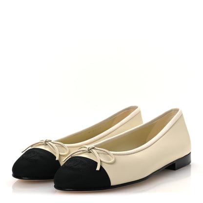 Chanel Calfskin Grosgrain Cap Toe CC Ballerina Flats 37 Ivory Black 4 of 12