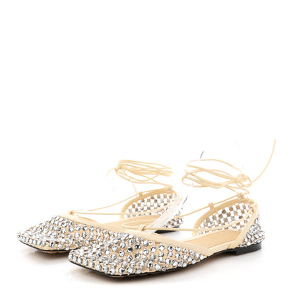 Bottega Veneta Mesh Nappa Crystal Embellished Sparkle Stretch Ankle Tie Flats 38 Black 4 of 9