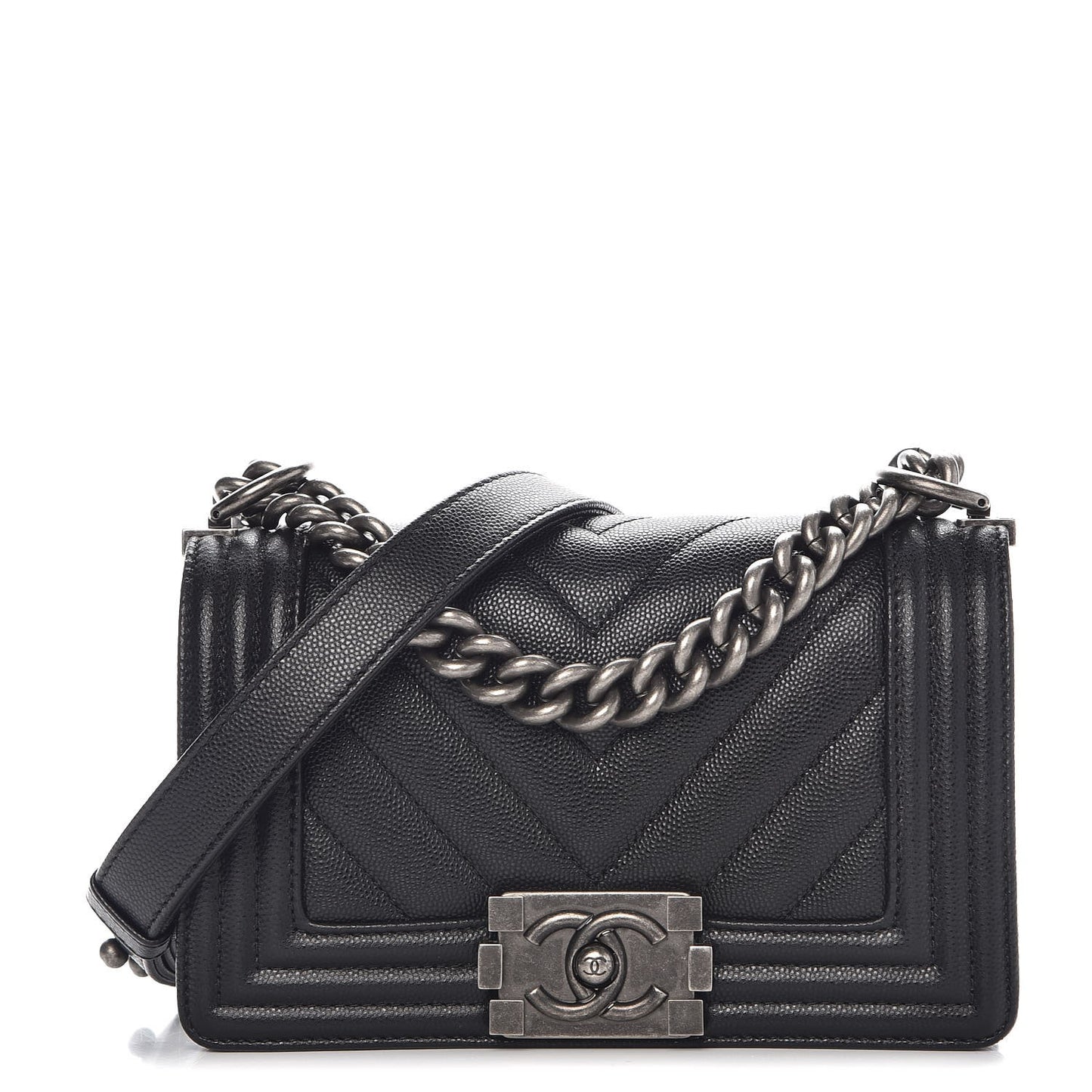 Caviar Chevron Quilted Small Boy Flap Black