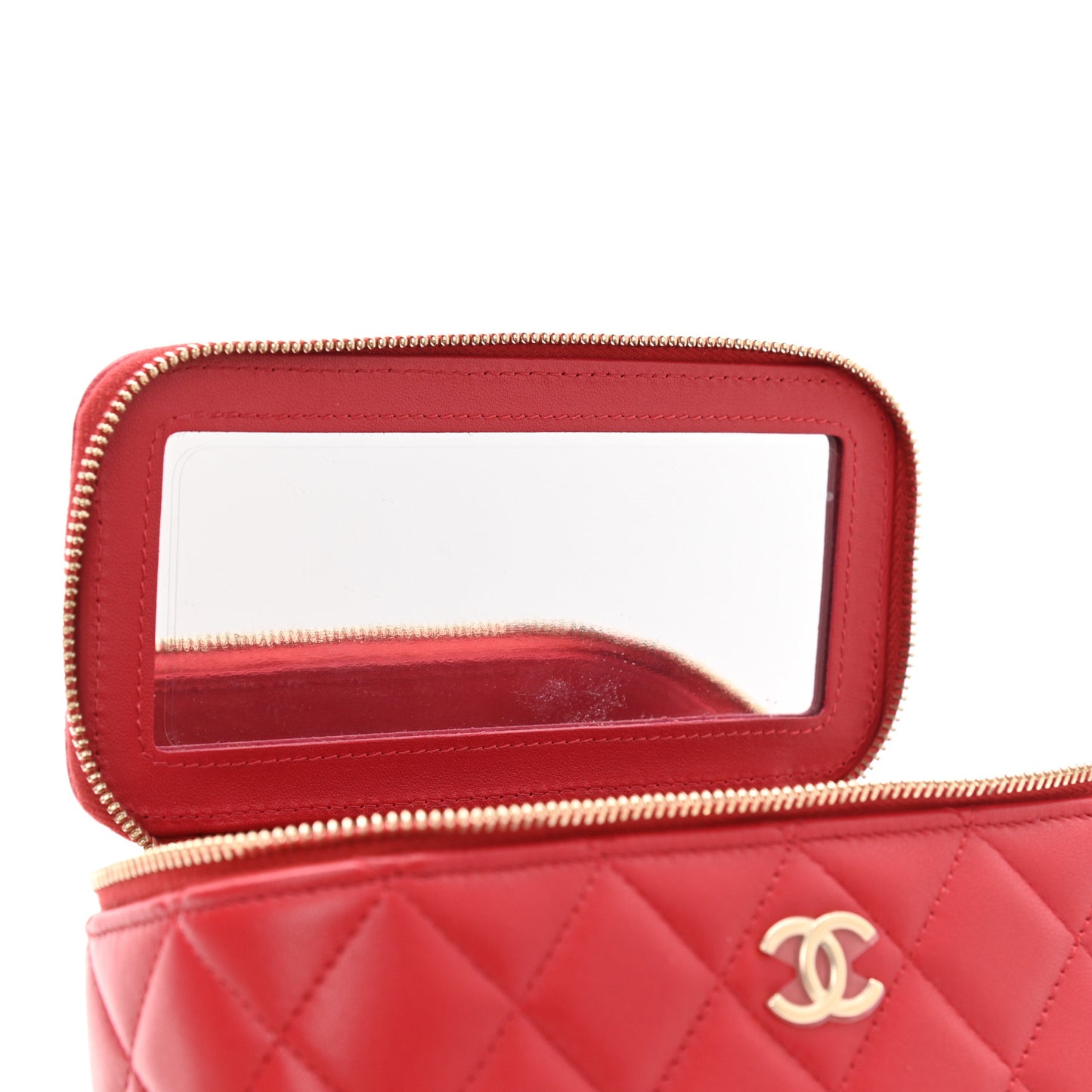 Lambskin Quilted Small Top Handle Vanity Case With Chain Red