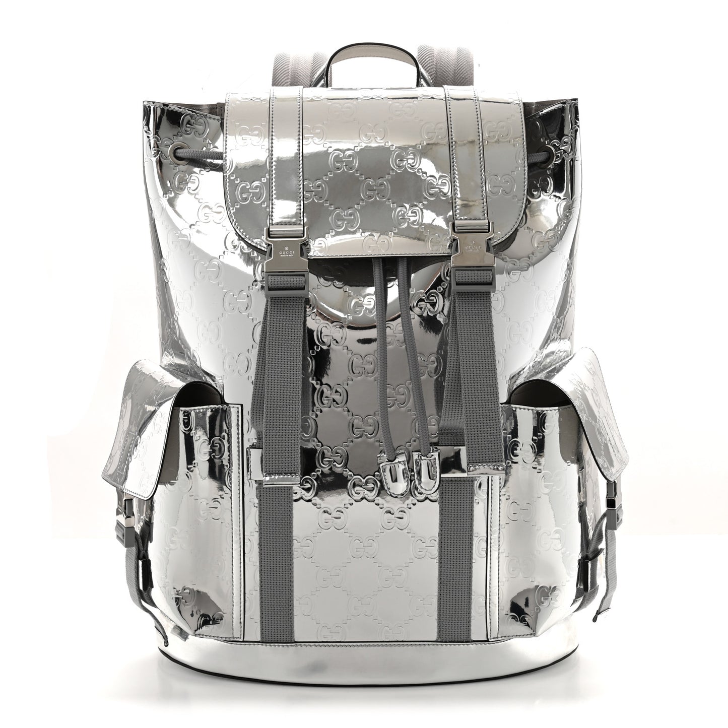Mirror Effect GG Monogram Appia Calfskin Web Double Buckle Backpack Silver