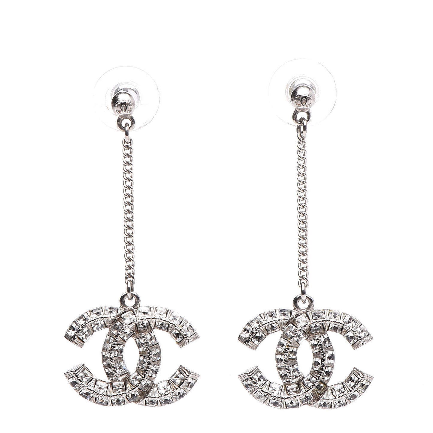 Baguette Crystal CC Drop Earrings Silver