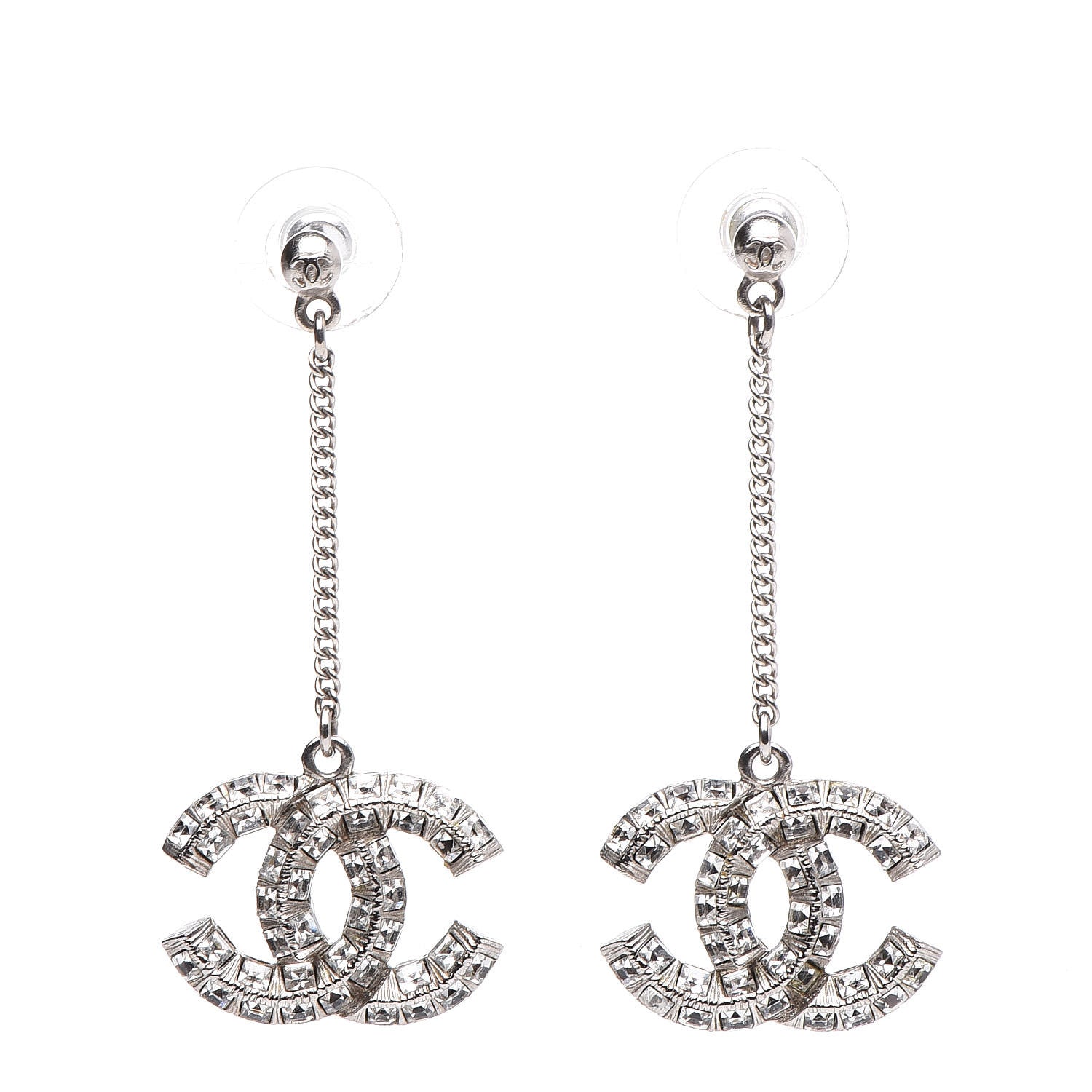 Chanel Baguette Crystal CC Drop Earrings Silver 1 of 4