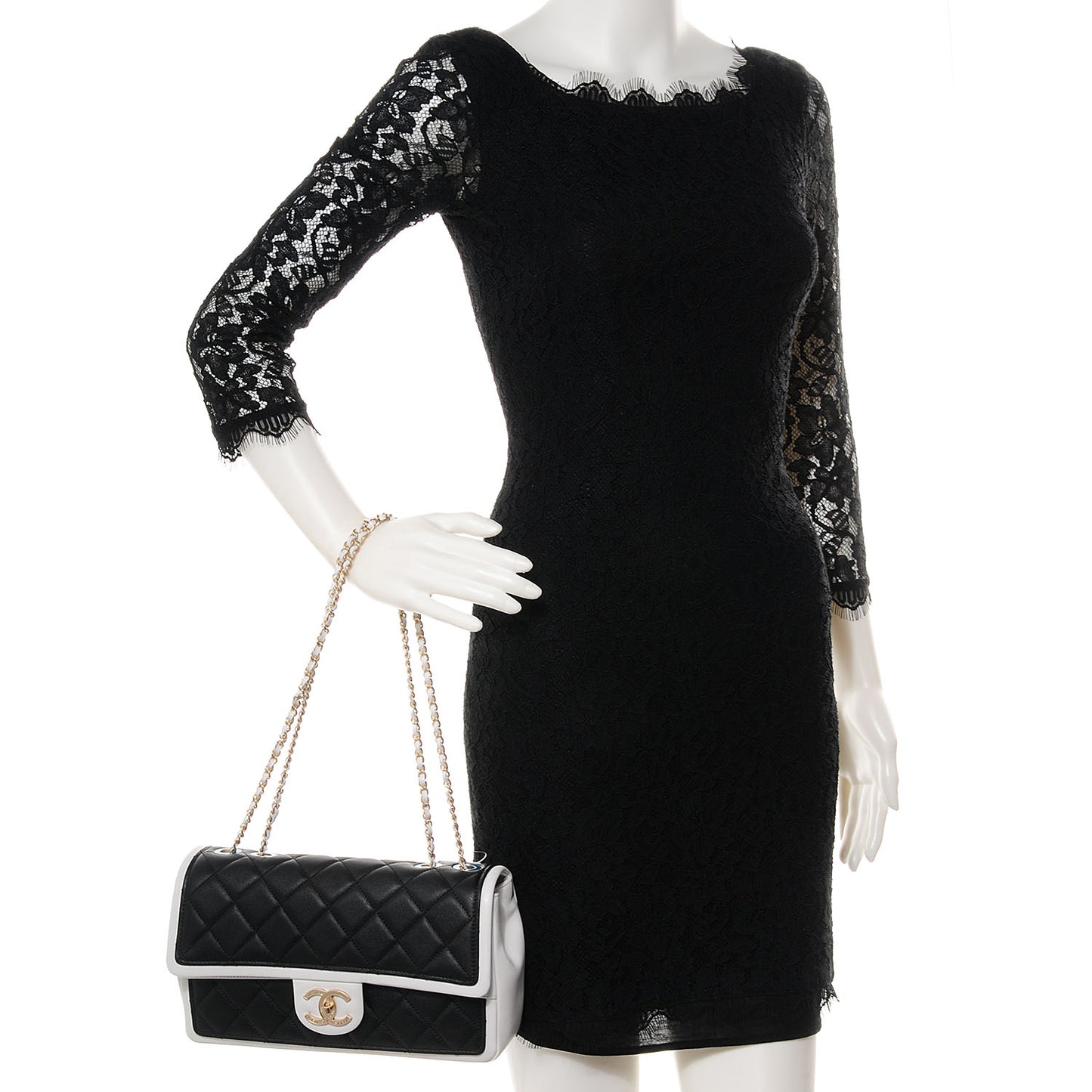 Calfskin Quilted Graphic Medium Flap Bag Black White