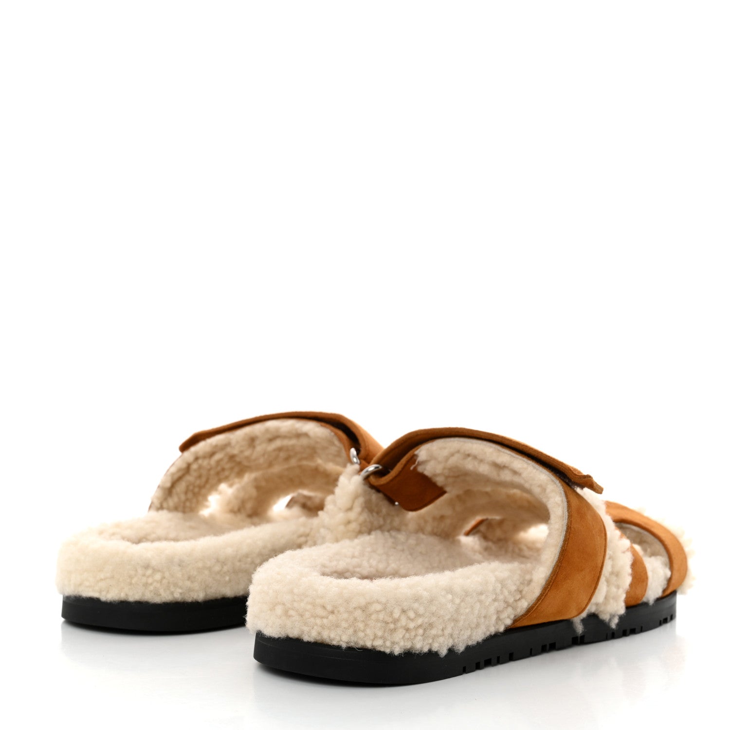 Hermes Suede Goatskin Woolskin Womens Chypre Sandals 37.5 Brun Fume Ecru 4 of 9