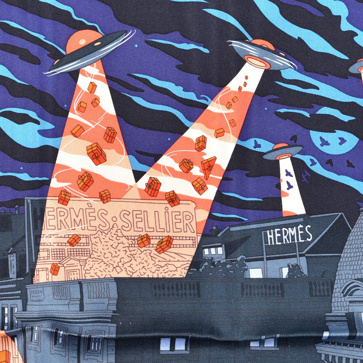 Hermes Silk Space Shopping Au Faubourg Pocket Square Marine Orange Violet 2 of 5