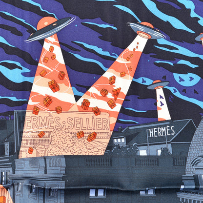 Hermes Silk Space Shopping Au Faubourg Pocket Square Marine Orange Violet 2 of 5