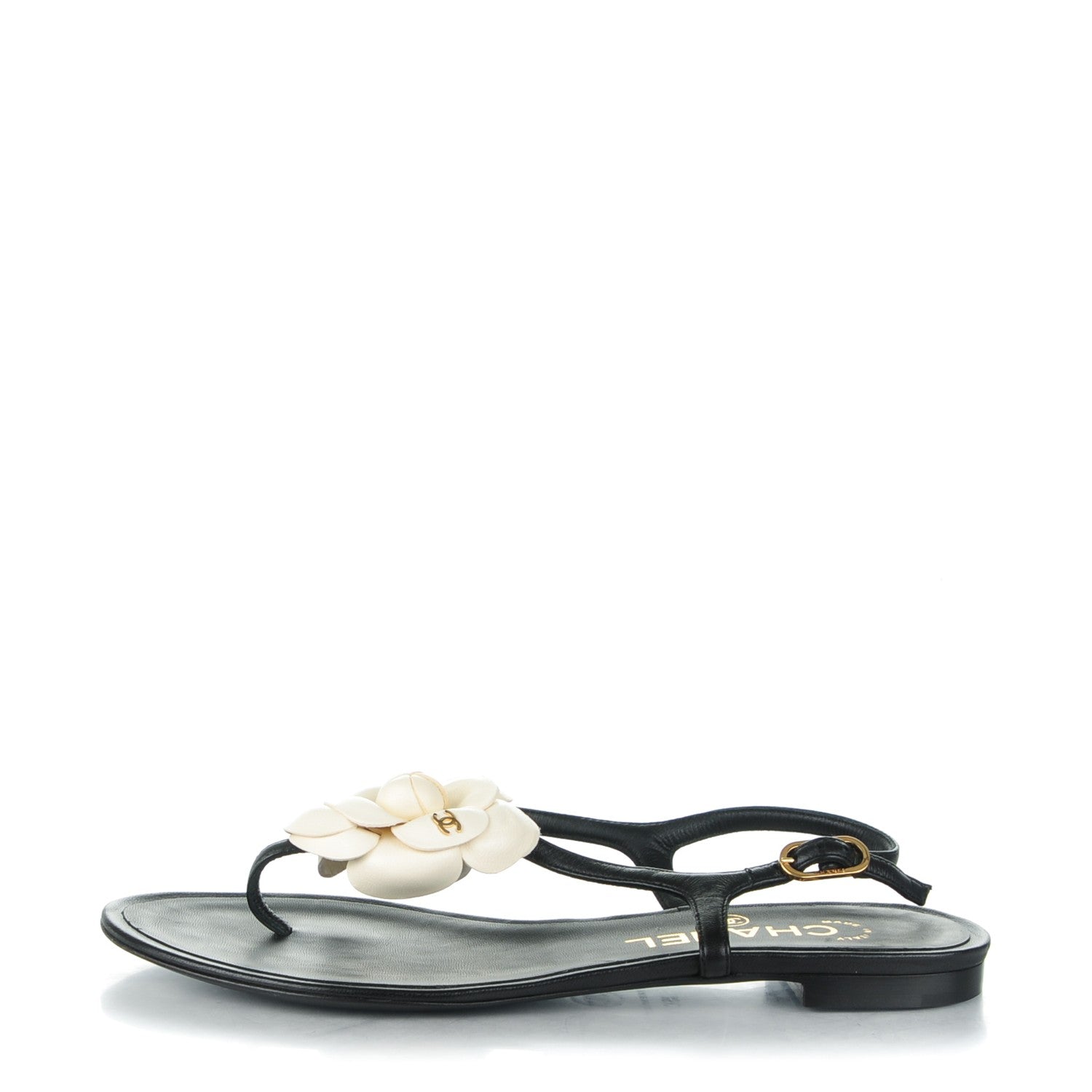 Chanel Lambskin Camellia Thong Sandals 36 Black White 1 of 9