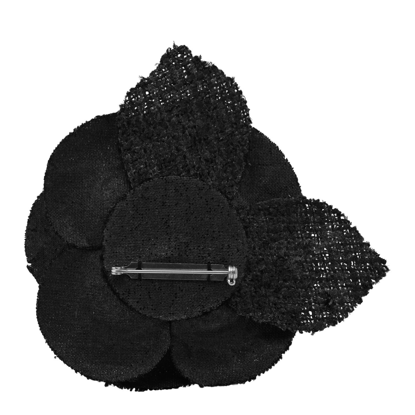 Tweed Fabric Camellia Pin Brooch Black