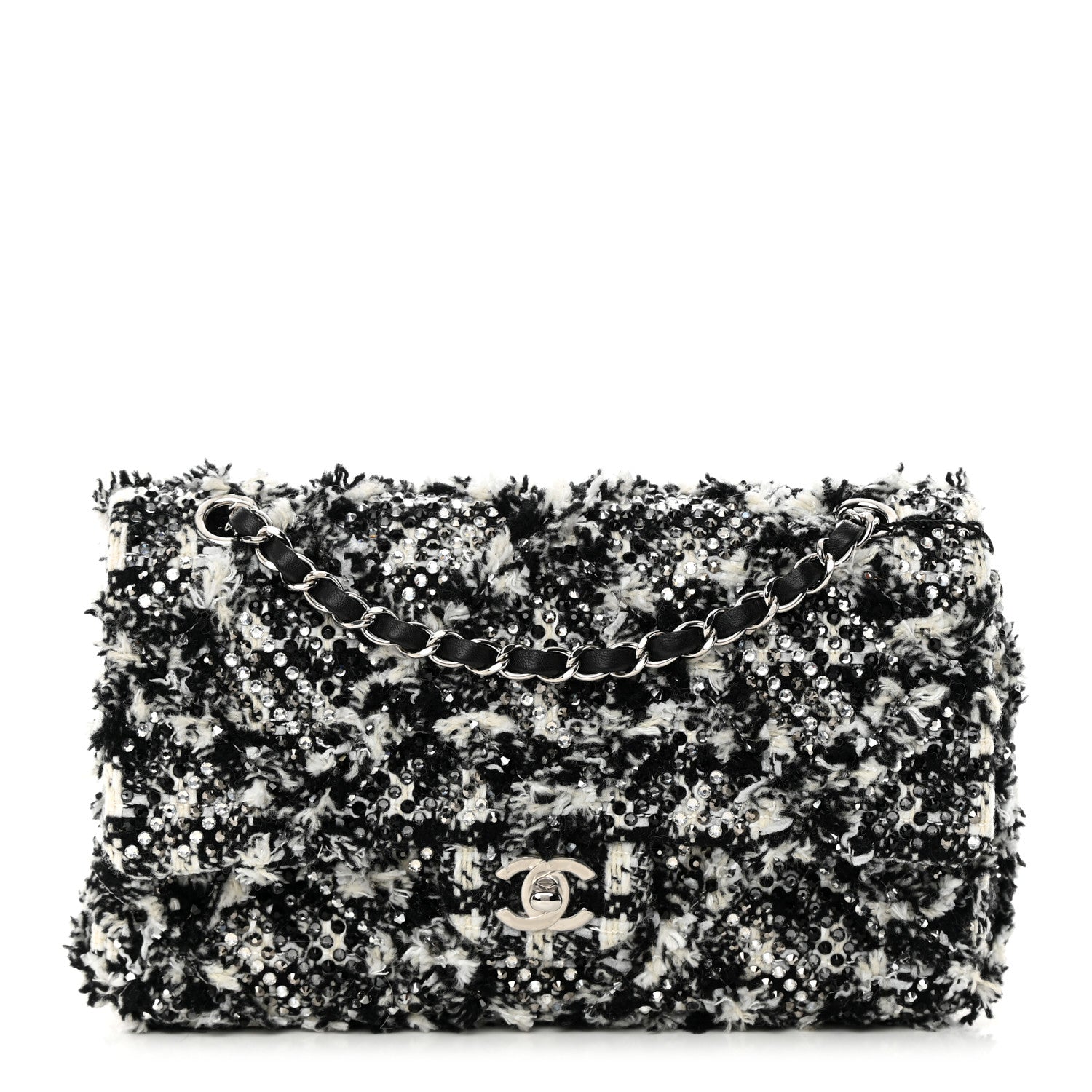 Chanel Crystal Tweed Quilted Medium Double Flap Black Ecru White 1 of 10