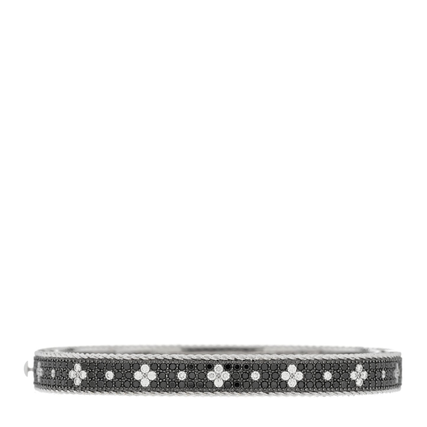 18K White Gold Diamond Black Diamond Princess Satin Fleur De Lis Bangle Bracelet
