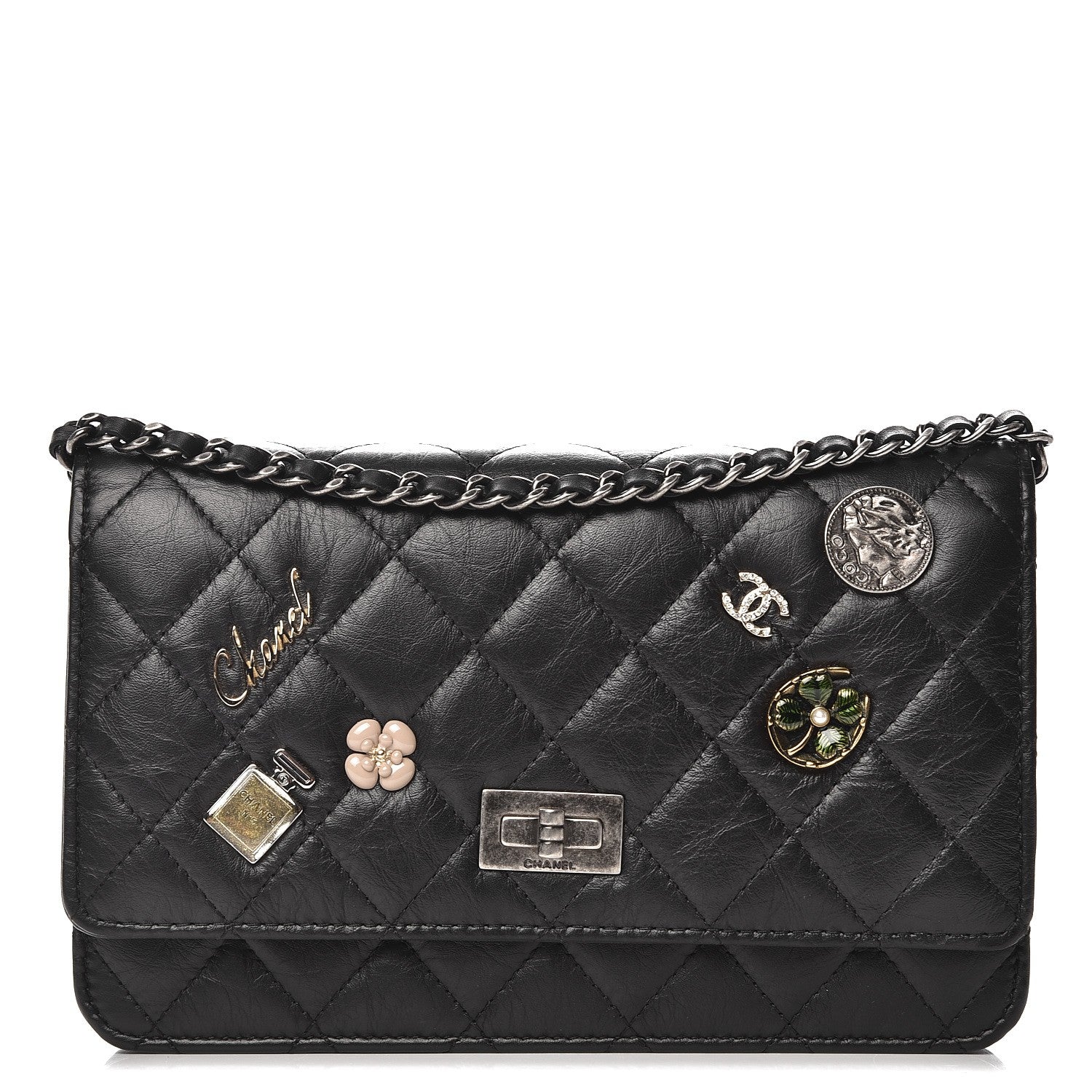 Chanel Aged Calfskin Quilted Lucky Charms 2.55 Reissue Wallet On Chain WOC Black 1 of 8