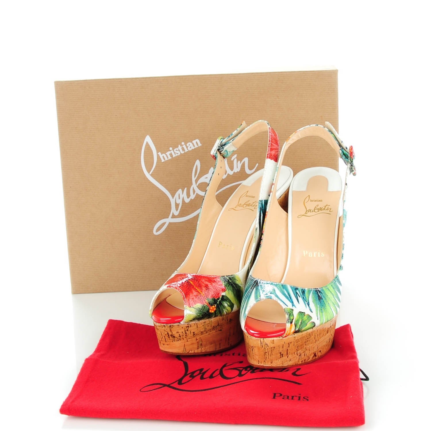 Christian Louboutin Crackled Calfskin Hawaii Print Une Plume Sling 140 Wedges 39 Version White 5 of 8