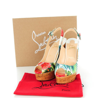 Christian Louboutin Crackled Calfskin Hawaii Print Une Plume Sling 140 Wedges 39 Version White 5 of 8