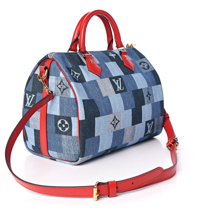 Louis Vuitton Denim Damier Monogram Patchwork Speedy Bandouliere 30 Blue Rouge 2 of 12