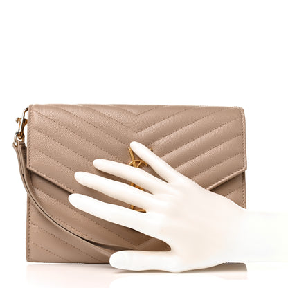 Saint Laurent Grain De Poudre Matelasse Chevron Monogram Envelope Clutch Dark Beige 2 of 8