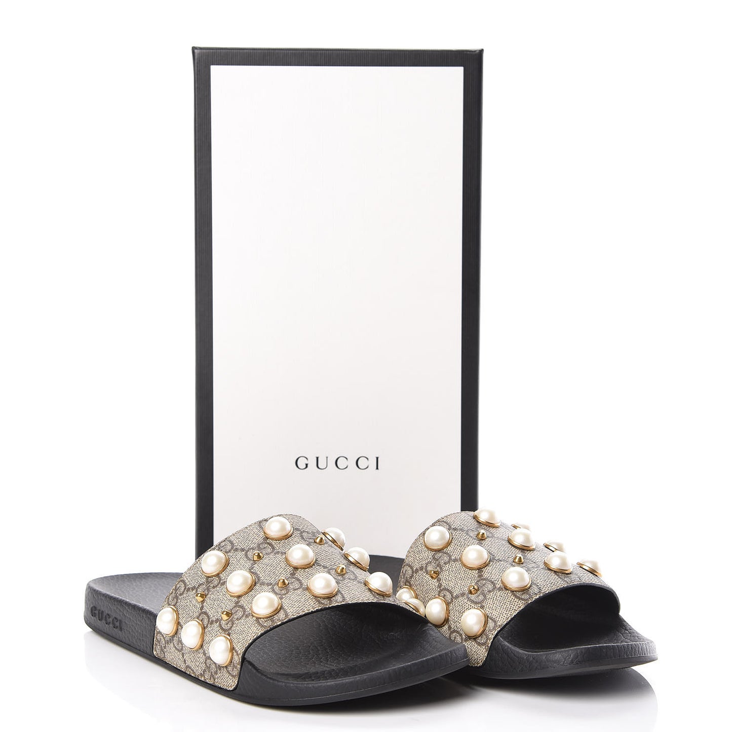 GG Supreme Monogram Slide Pearls Sandals 39 Beige