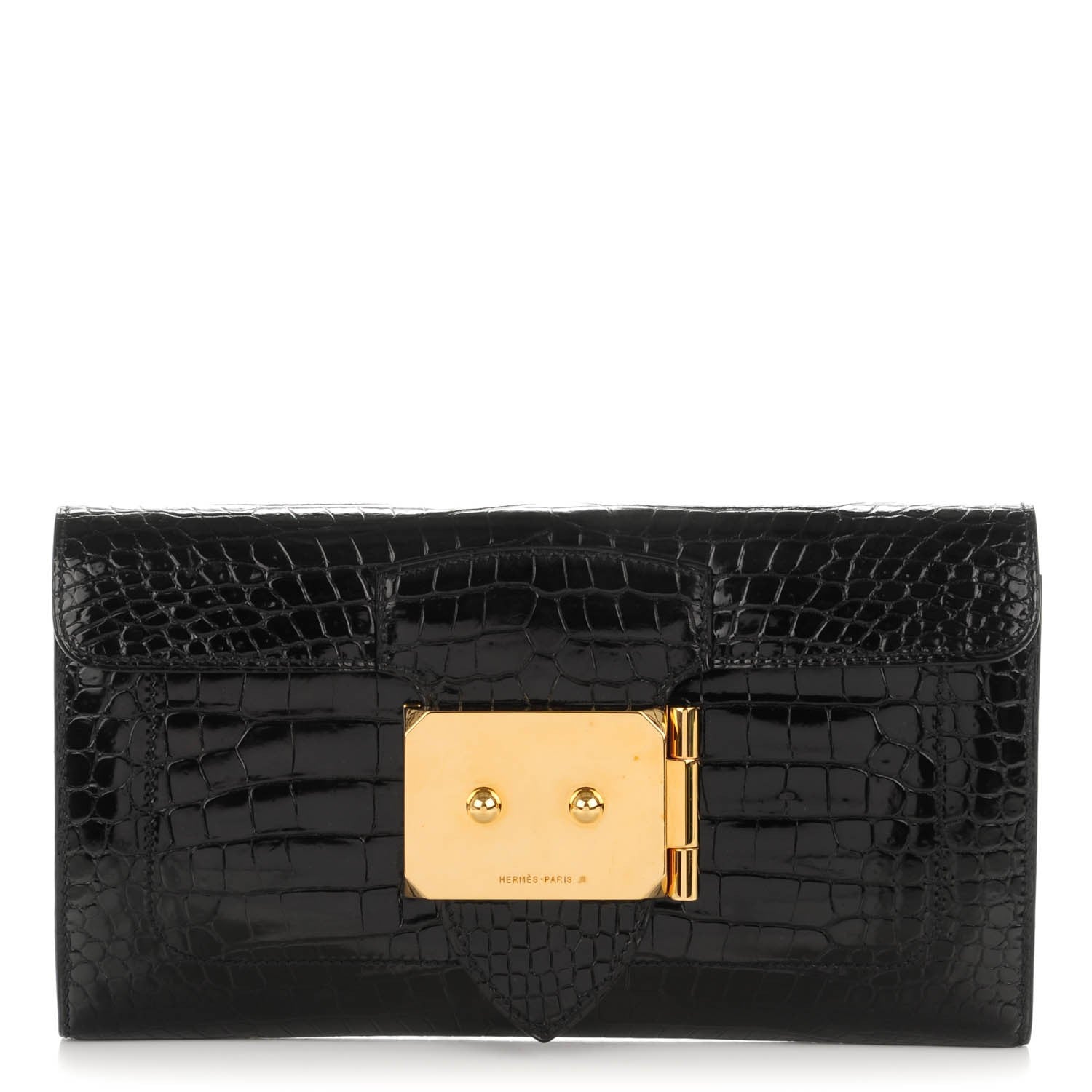 Hermes Shiny Porosus Crocodile Goodlock Clutch Black 1 of 7